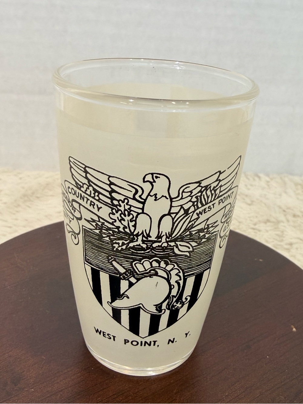 Vintage frosted souvenir West Point Military Academy tumbler with black crest